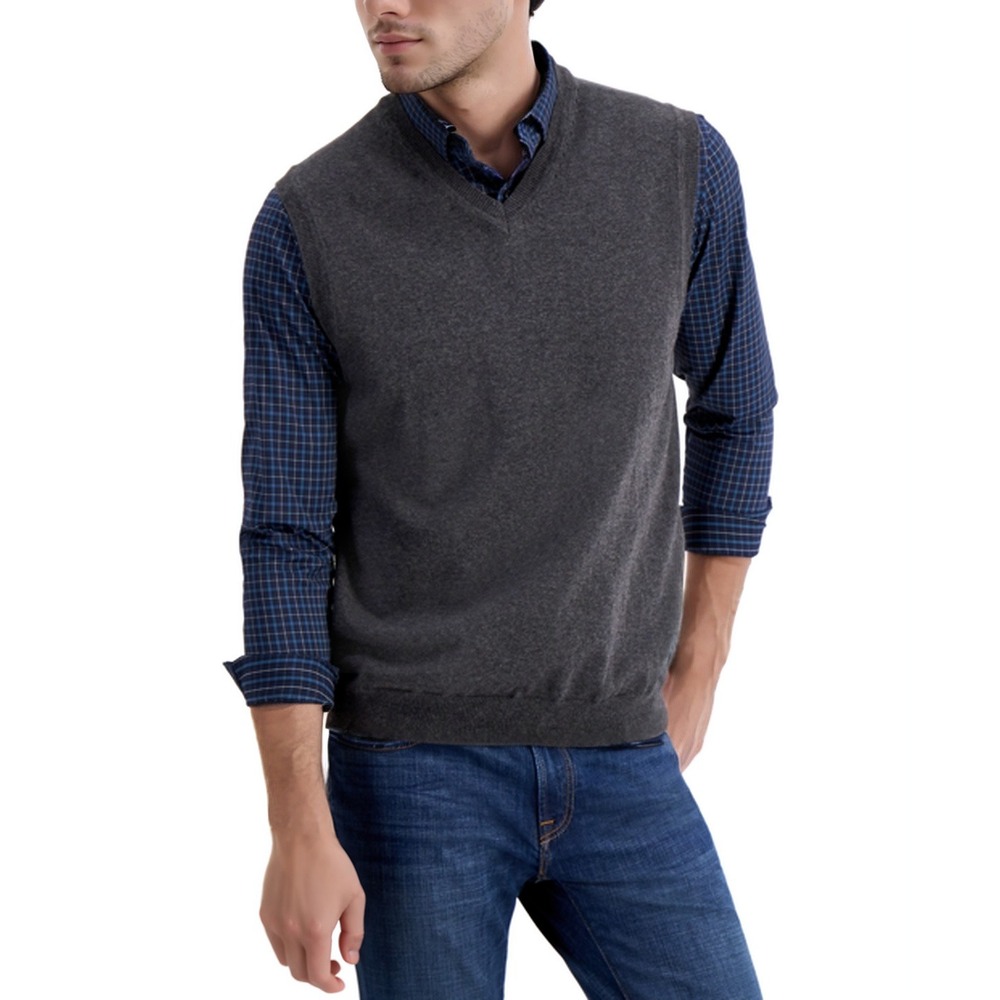 Club Room Sweater Vest Mens XL Charcoal Heather Nylon Blend Lightweight V-Neck‎